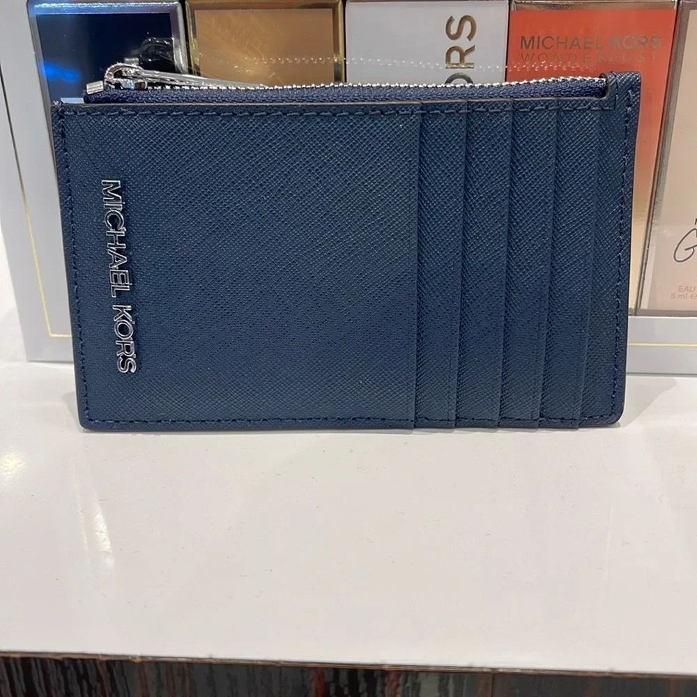 Michael Kors Jet Set Travel Medium Leather Card Case Navy Silver NWT